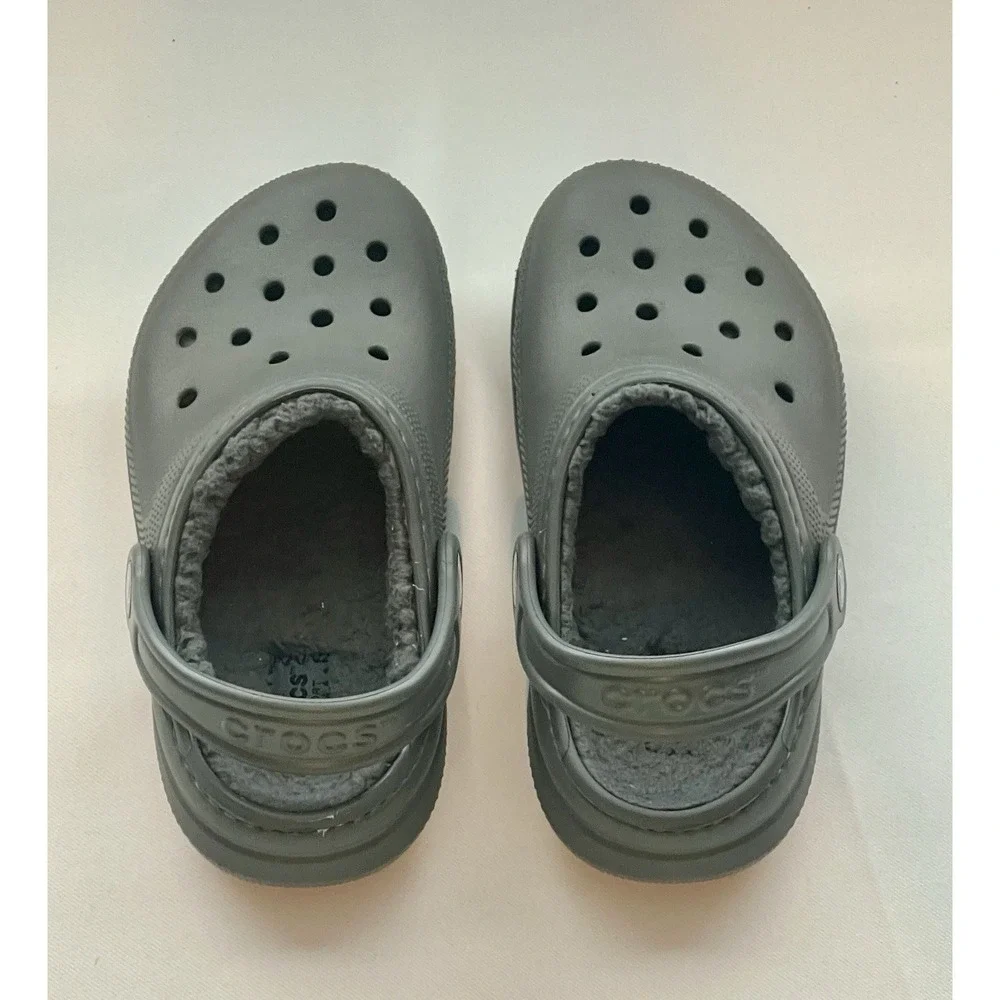 Crocs Juniors Size‎ 1 Dark Grey Fuzzy Faux Fur Lined Slip On Clogs